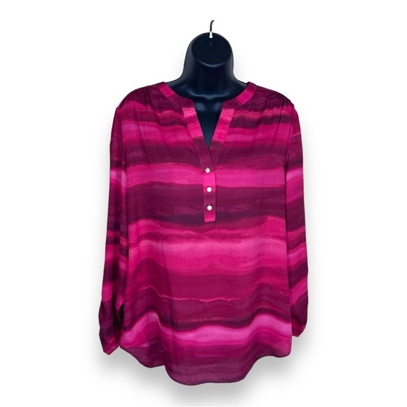 MEDIUM INVESTMENTS FUCHSIA PINK OMBRÉ PRINT BLOUSE  HENLEY NECKLINE - Picture 1 of 11